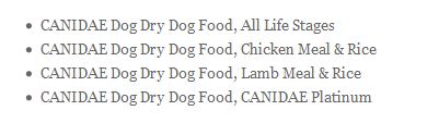 Canidae Recall List