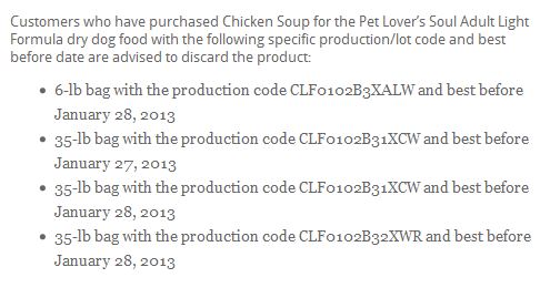 Chicken Soup for the Pet Lovers Soul Food Recall List